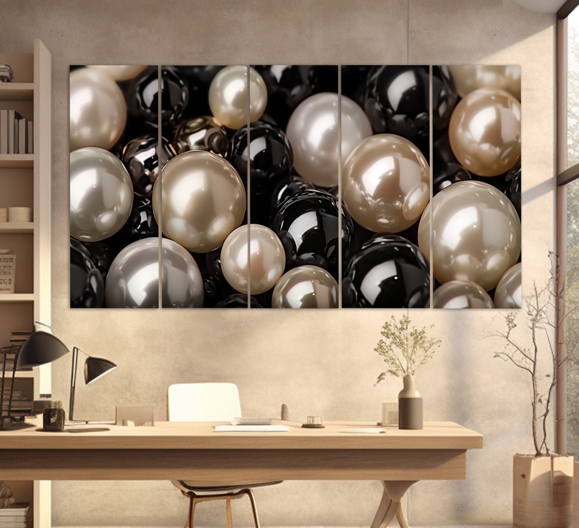 Black White Champagne Pearls Close Up Luxe Abstract Fashion Wall Art - Image 2