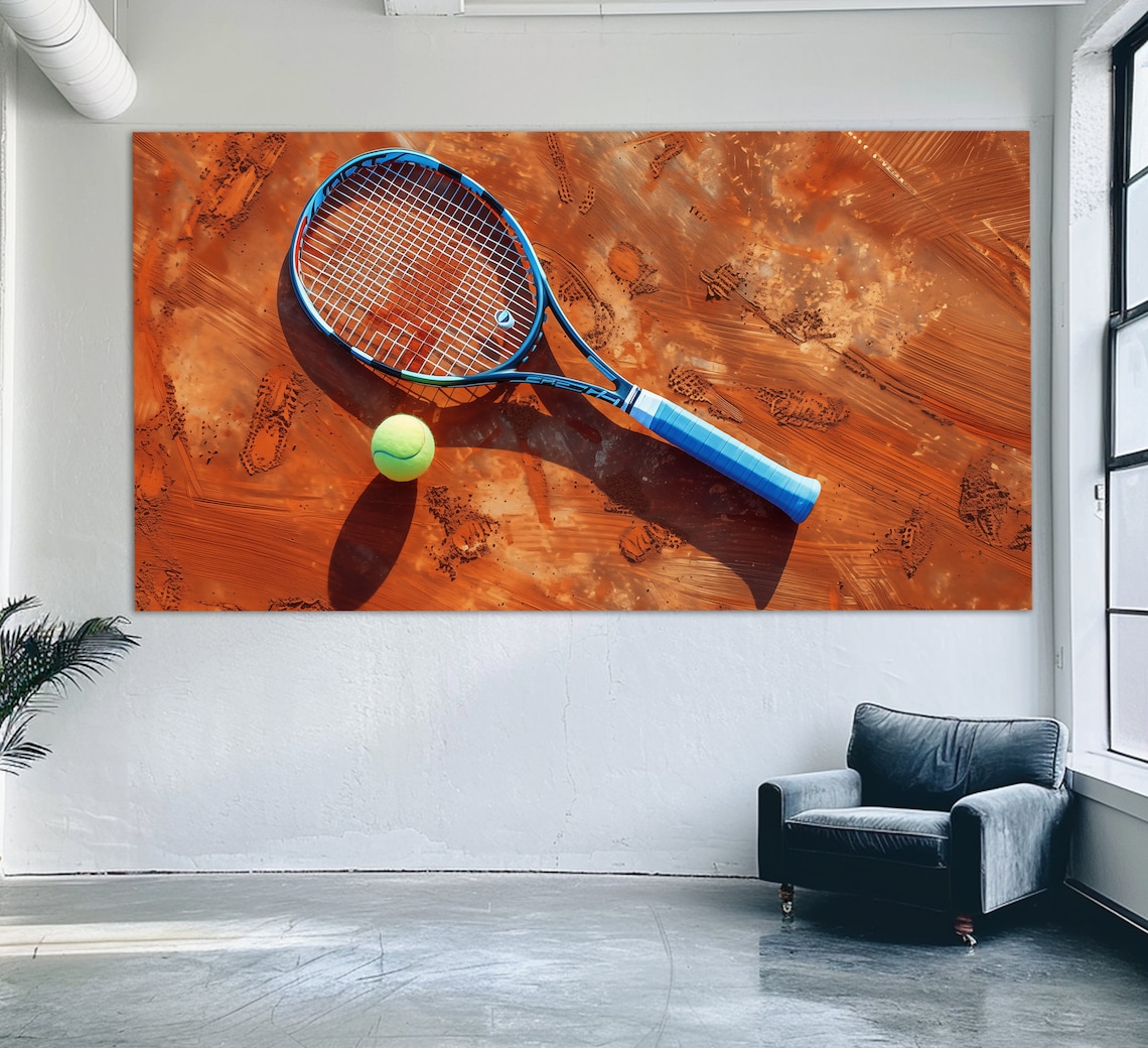Tennis Racket Ball Clay Court Overhead View Sports Art Print Poster