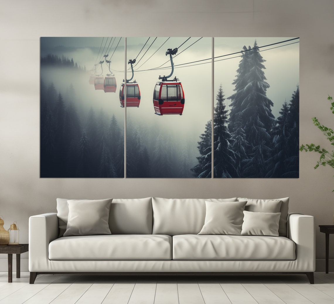 Ski Lift In Foggy Winter Forest Print Ski Wall Art Cable Car Painting Ski Lift Poster Winter Wall Art Winter Sports Art - Image 5