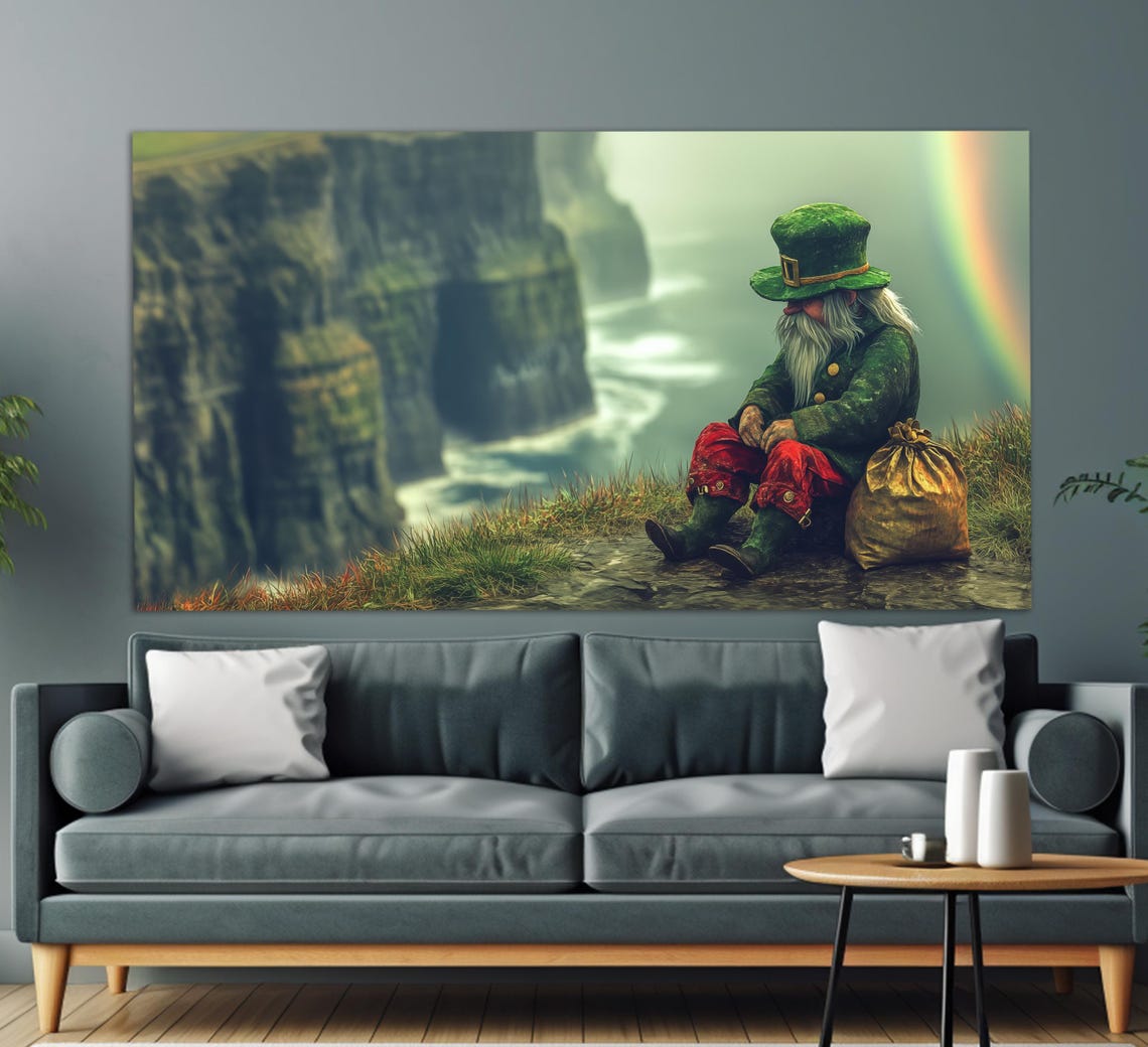 Leprechaun On Irish Cliffs Rainbow Pot Of Gold Fantasy Art Poster