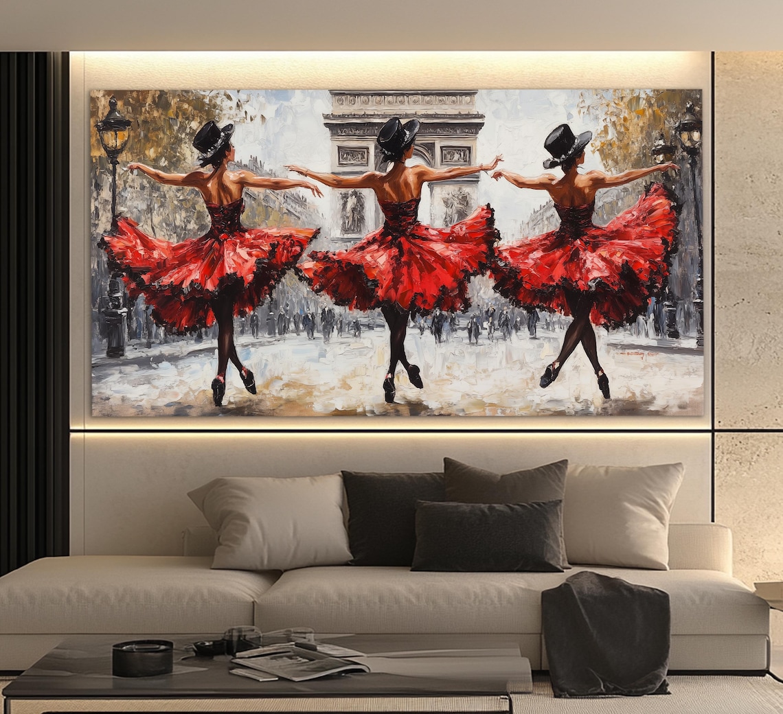 Paris Cancan Dancers Red Skirts At Arc De Triomphe Oil Painting Poster
