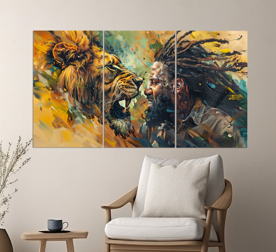 Roaring Lion Facing Man With Dreadlocks Abstract Wild Encounter Art Poster - Image 3