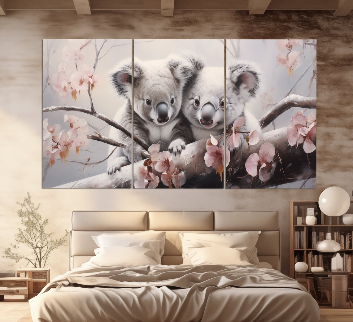 Two Cute Koalas Among Pink Blossoms Soft Neutral Nursery Wall Art Poster - Image 2