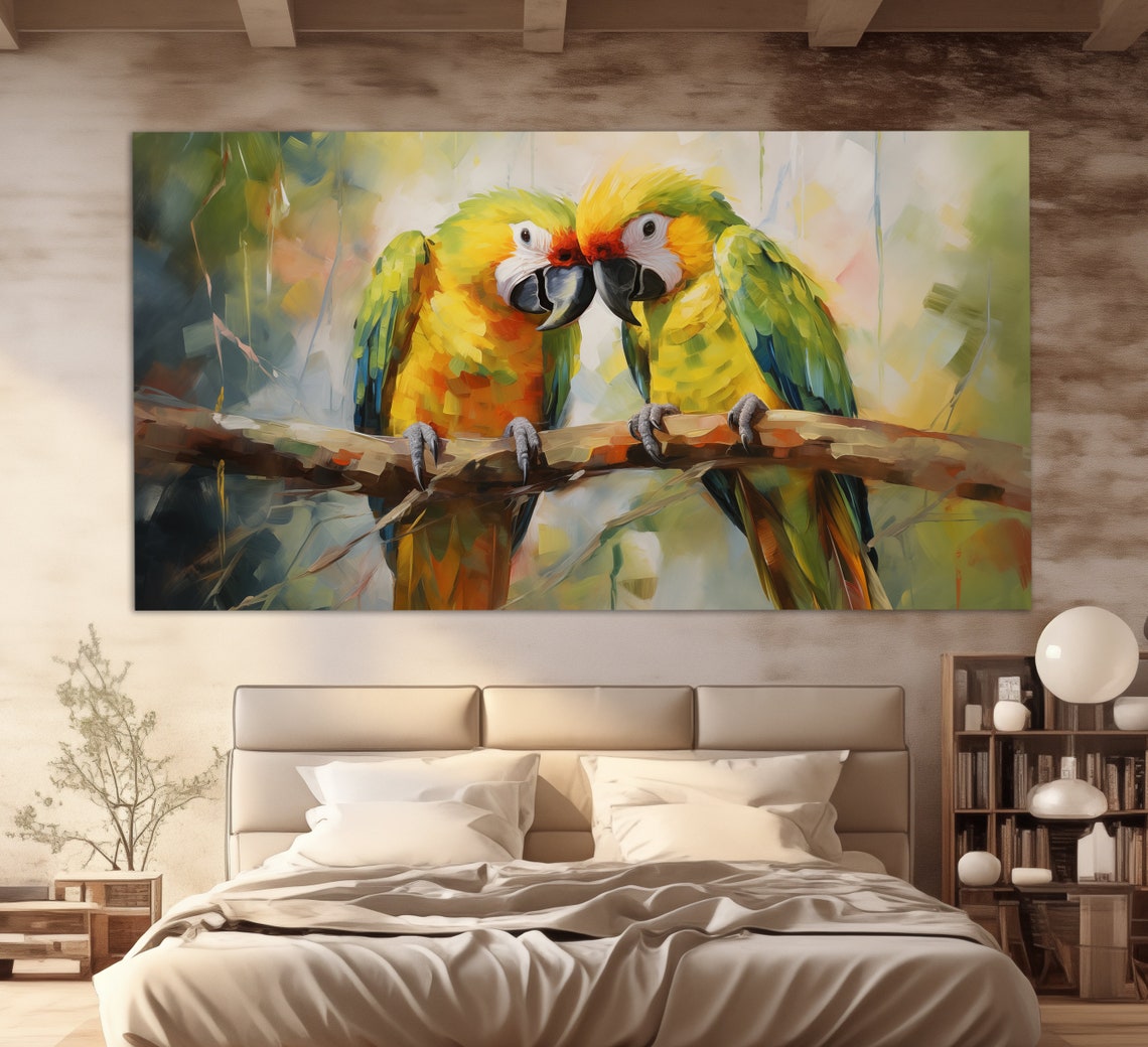 Macaw Parrot Couple Touching Beaks Colorful Oil Painting Wall Art