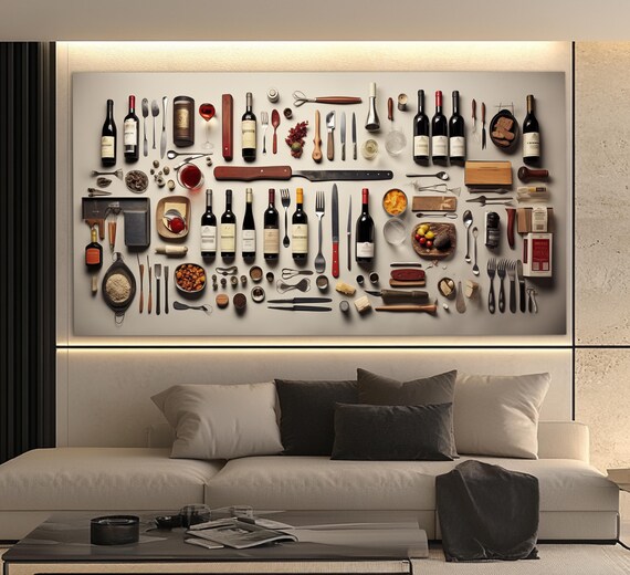 Wine Tools Flat Lay Bottles Glasses Corkscrews Knolling Kitchen Poster