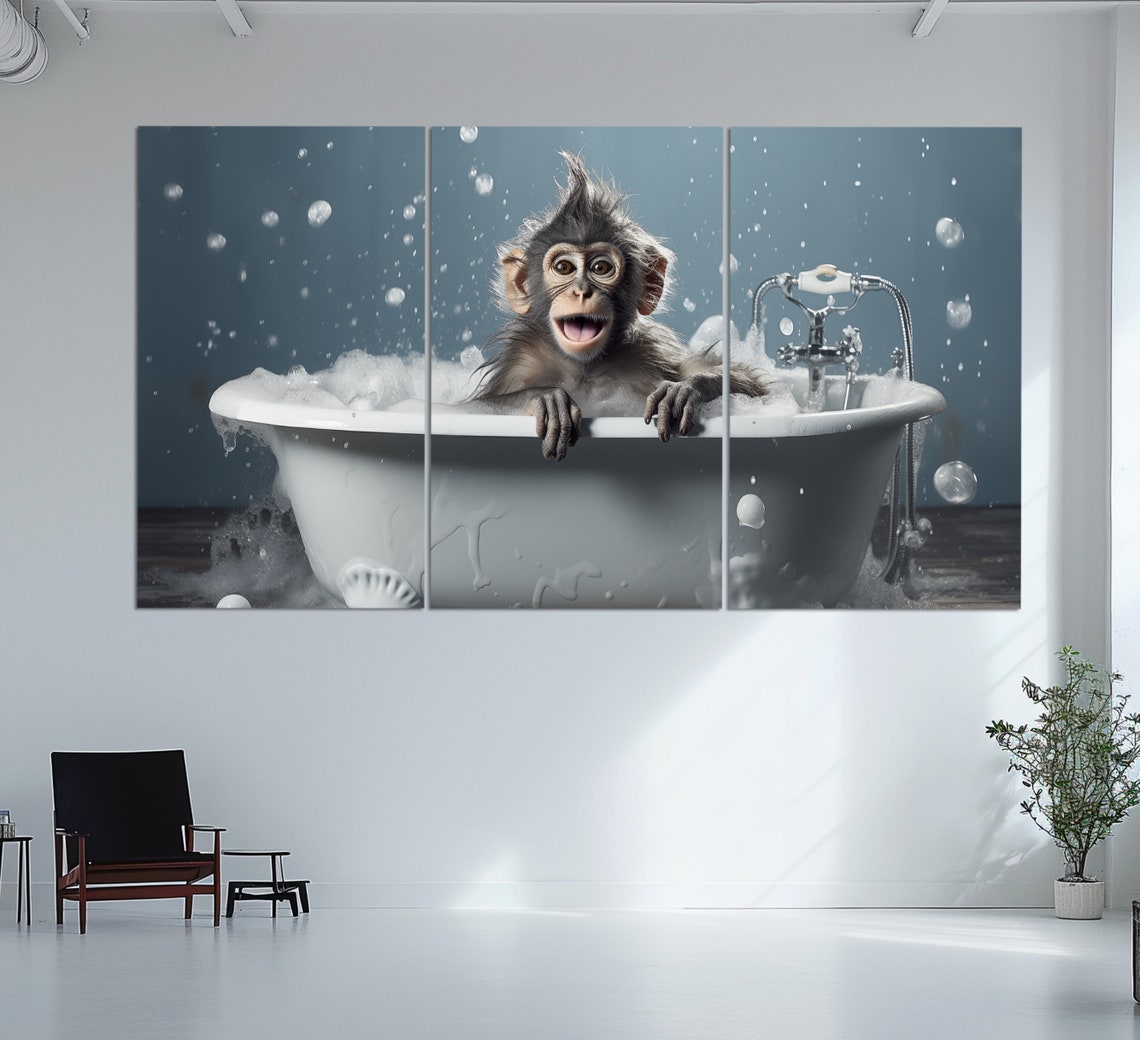 Funny Baby Monkey Splashing In Bubble Bath Happy Bath Time Wall Art - Image 3