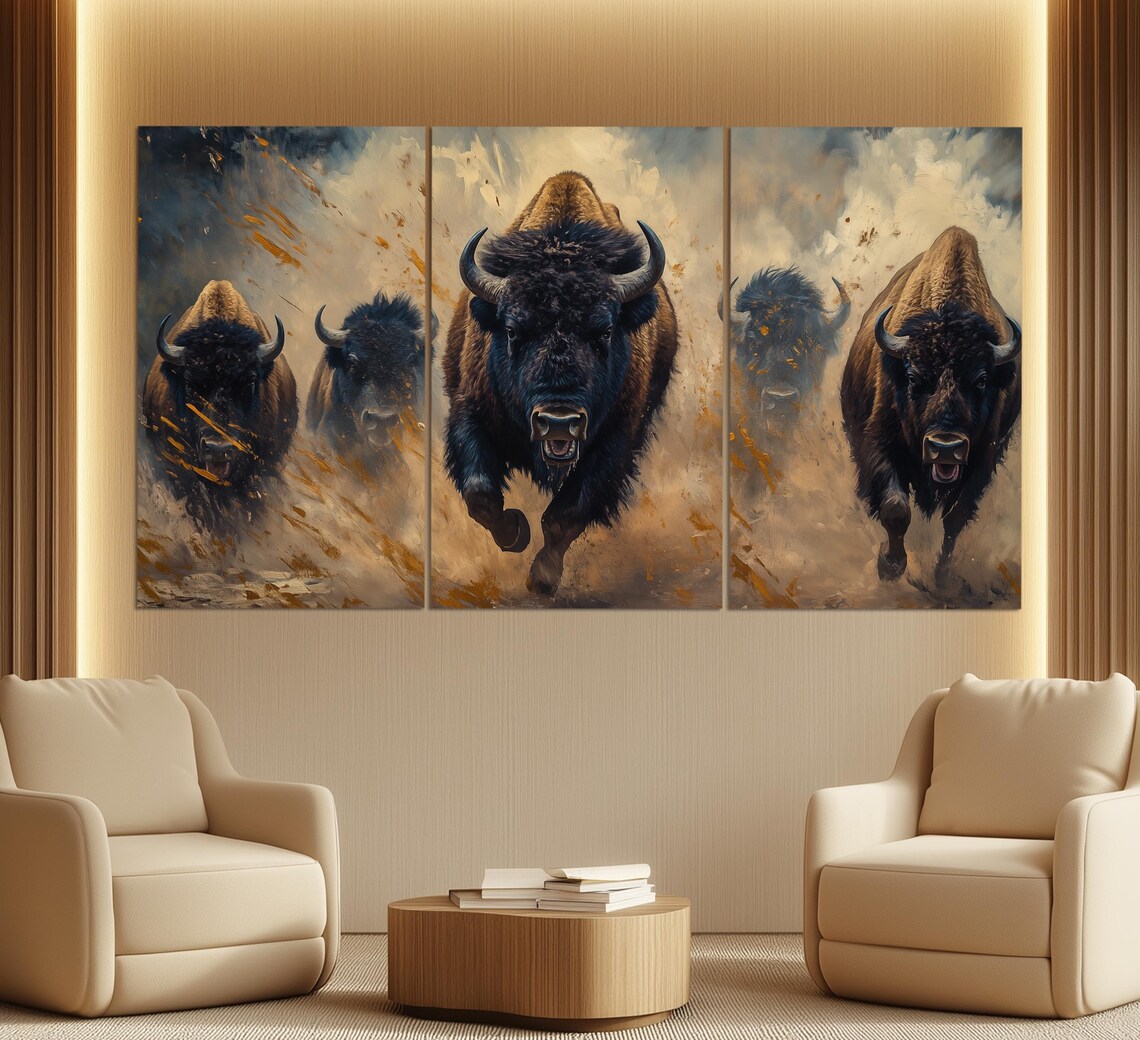 Herd Of Charging Bison Dusty Sepia Triptych Powerful Western Wildlife Poster - Image 3