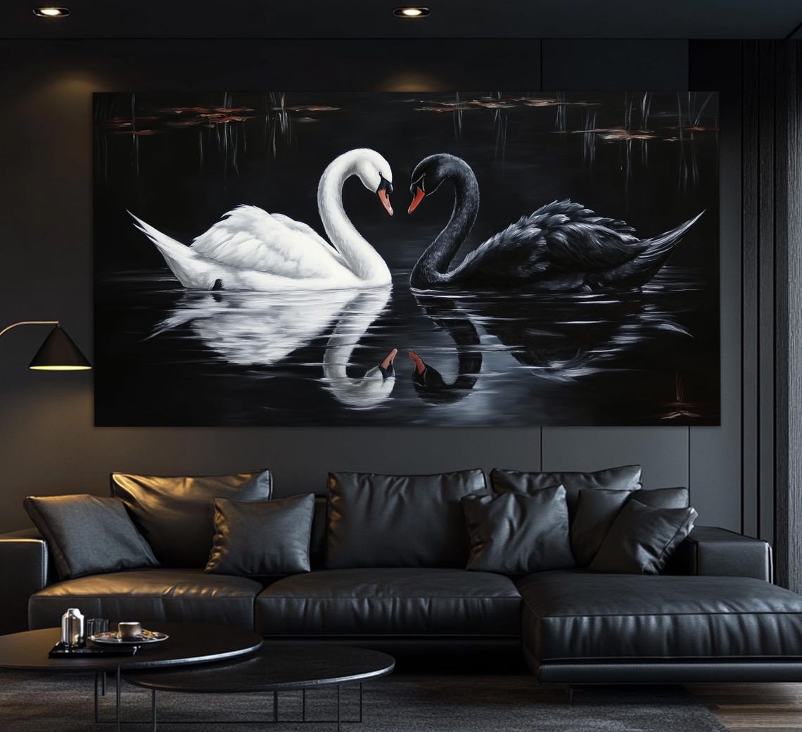 Black And White Swan Couple Heart Shape Dark Water Romantic Art Poster - Image 4