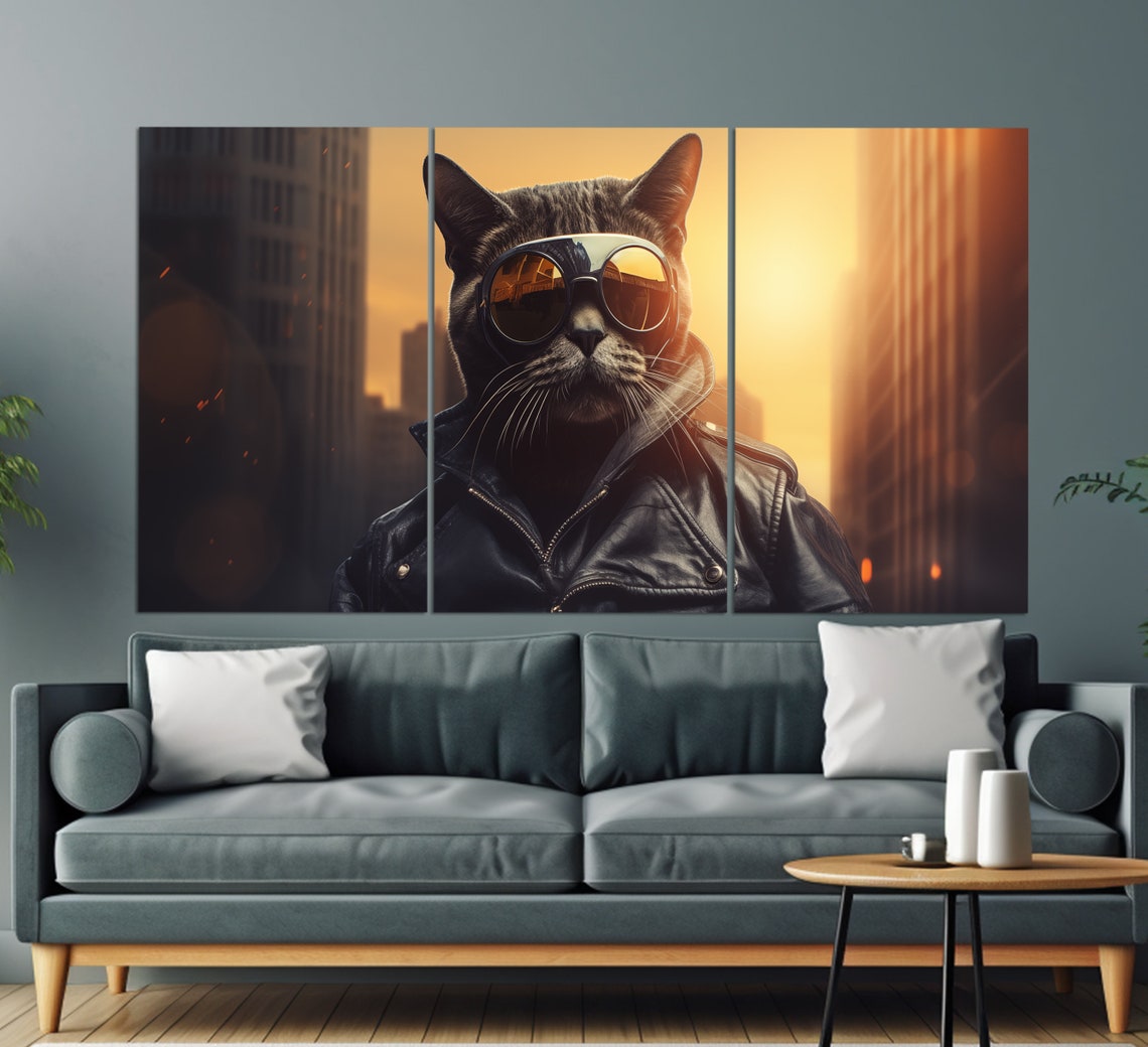 Cool Cat Biker Leather Jacket Aviator Goggles City Sunset Art Print - Image 3