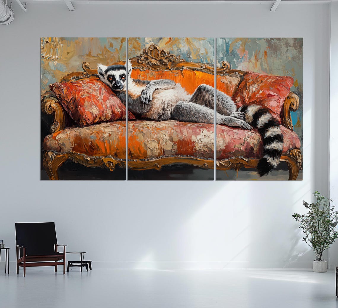 Ring Tailed Lemur Lounging Velvet Sofa Funny Animal Painting Poster - Image 3