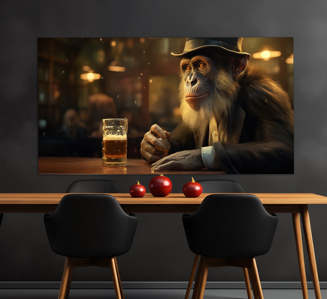Old Monkey In Pub Abstract Pub Art, Beer Lover Gift