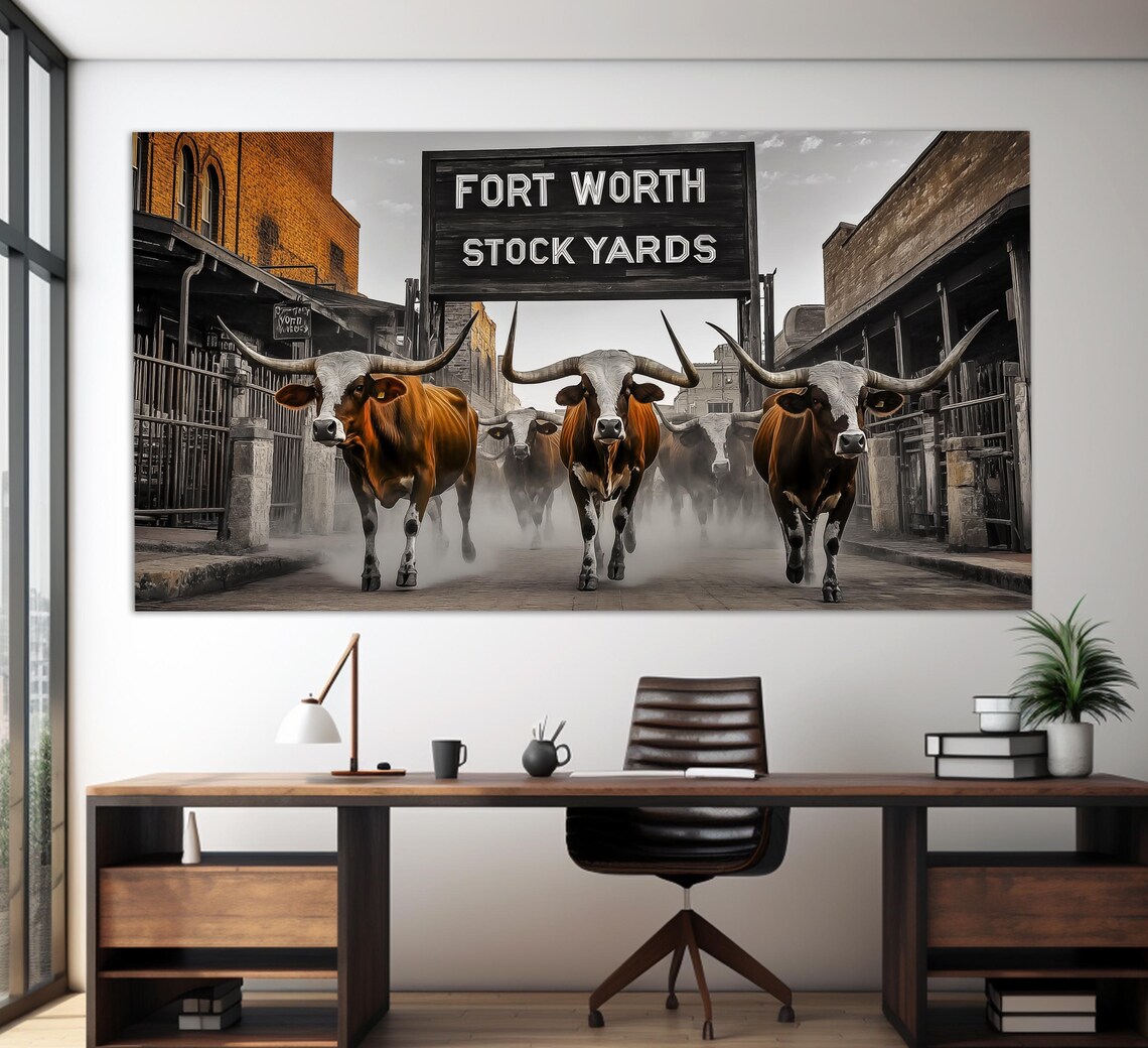Fort Worth Stock Yards Longhorn Cattle Drive Texas Western Art Poster