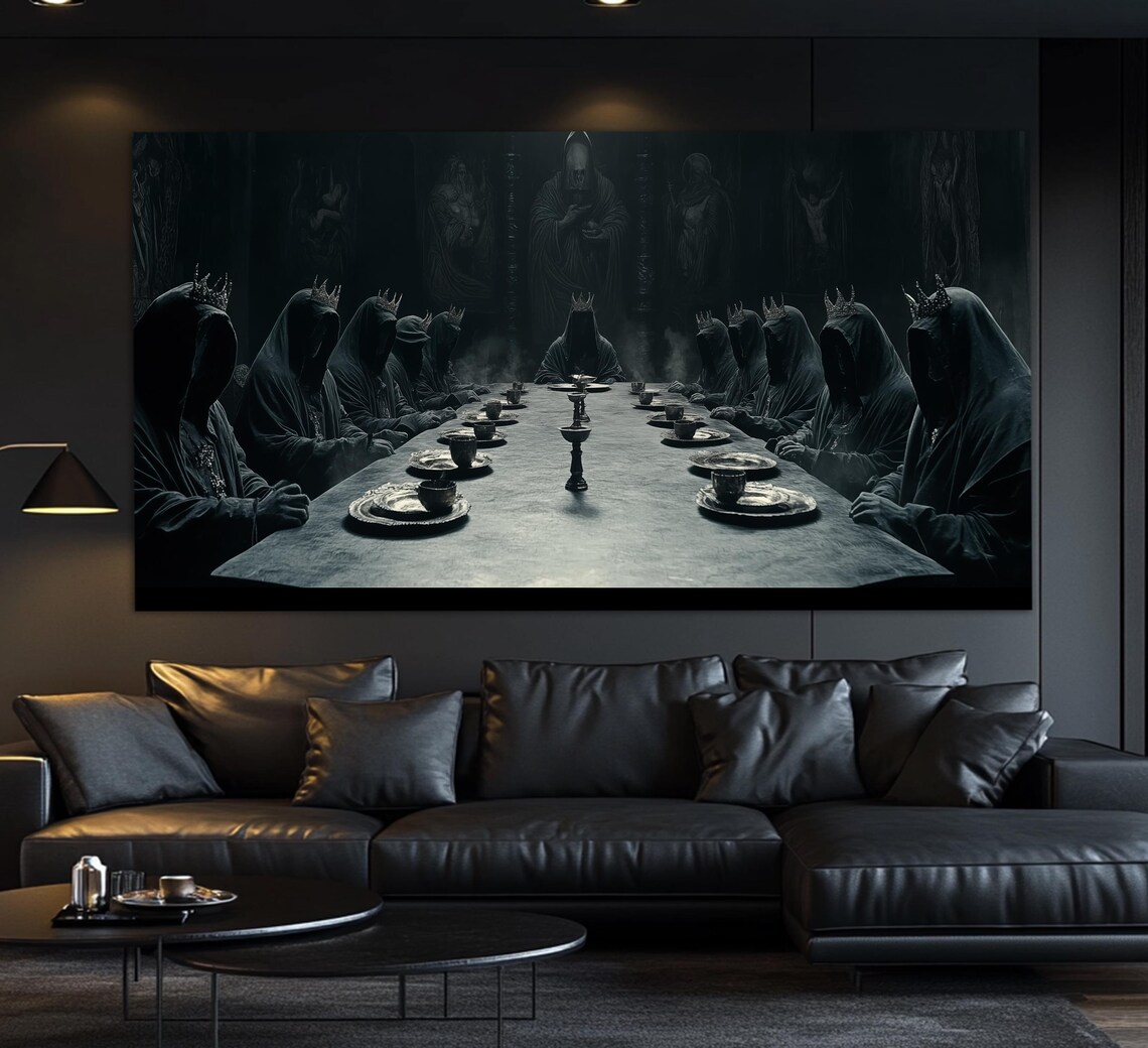 Hooded Crowned Figures Dark Feast Table Medieval Fantasy Gothic Art Poster - Image 3