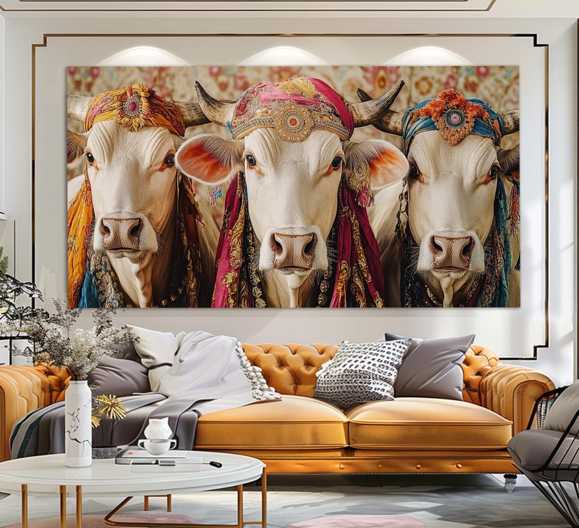 Sacred Cows In Indian Traditional Attire Decorated Whimsical Poster