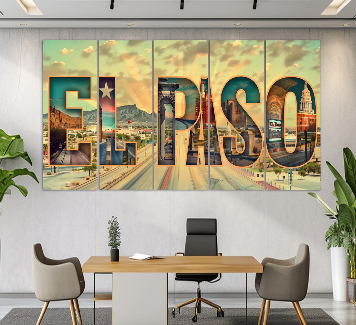El Paso Texas Large Letter Sign Cityscape Retro Travel Collage Poster - Image 2