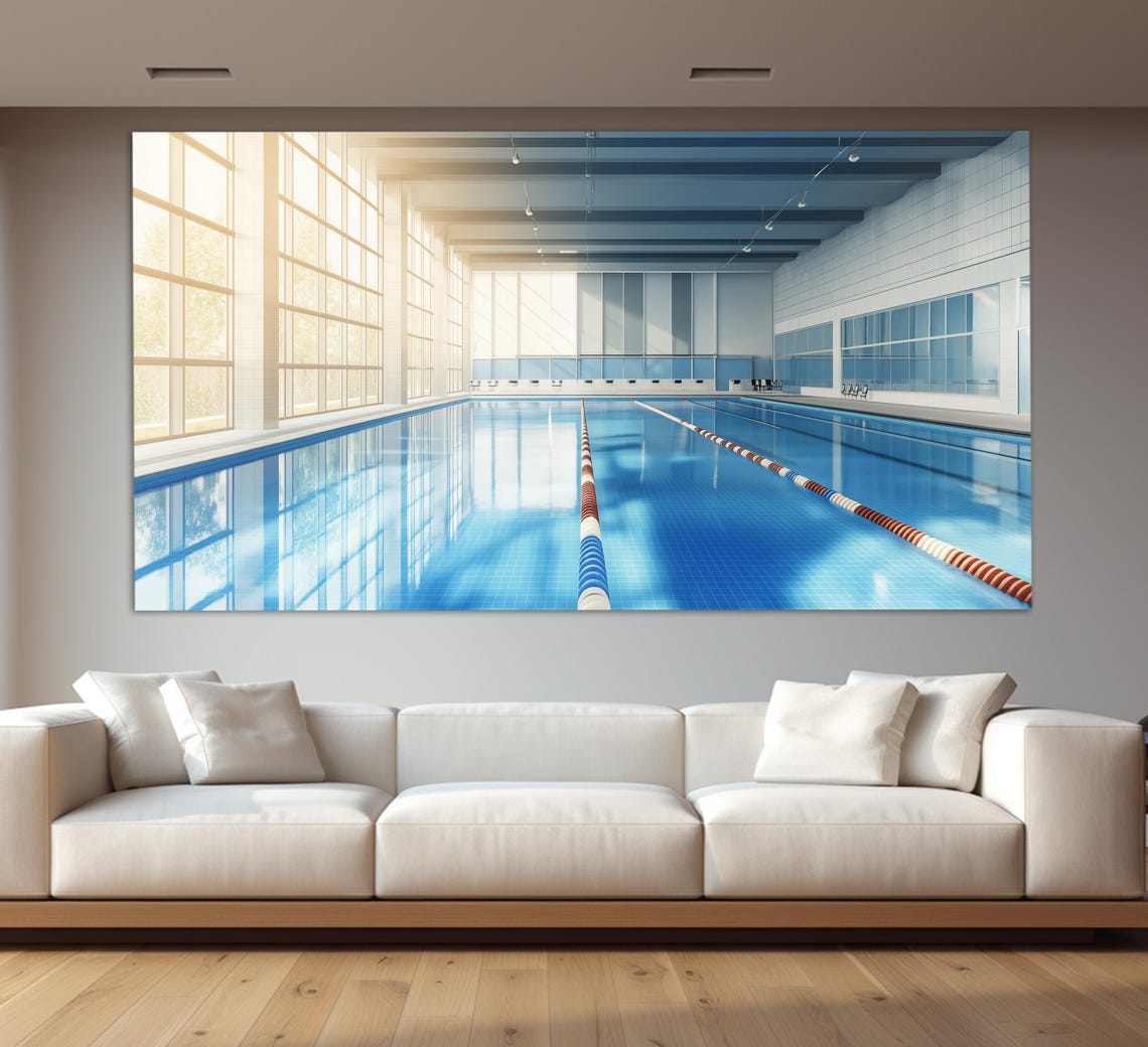 Indoor Swimming Pool Empty Lanes Sunlight Minimalist Blue Print Poster