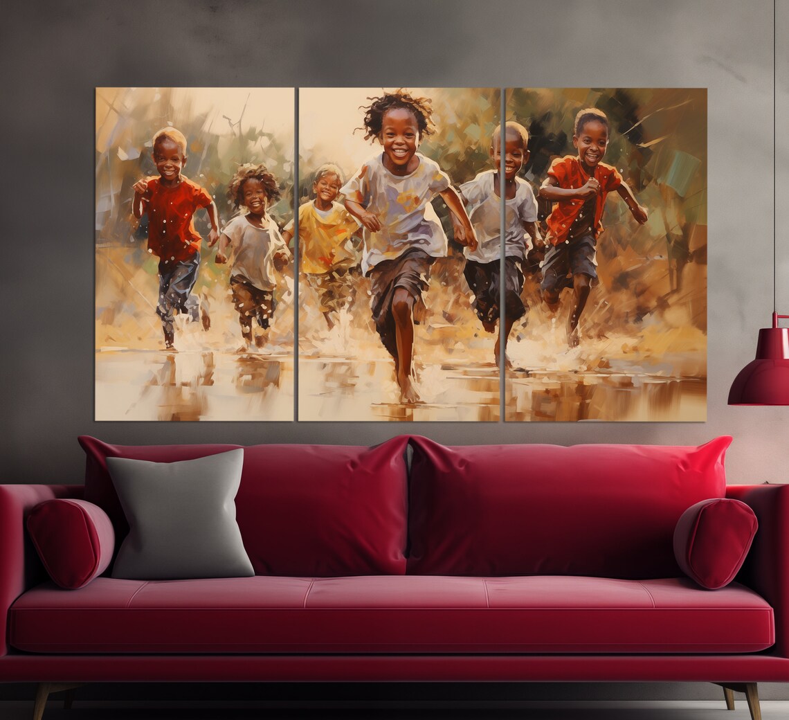 Happy Running Kids, Oil Painting Style Art Print - Image 3