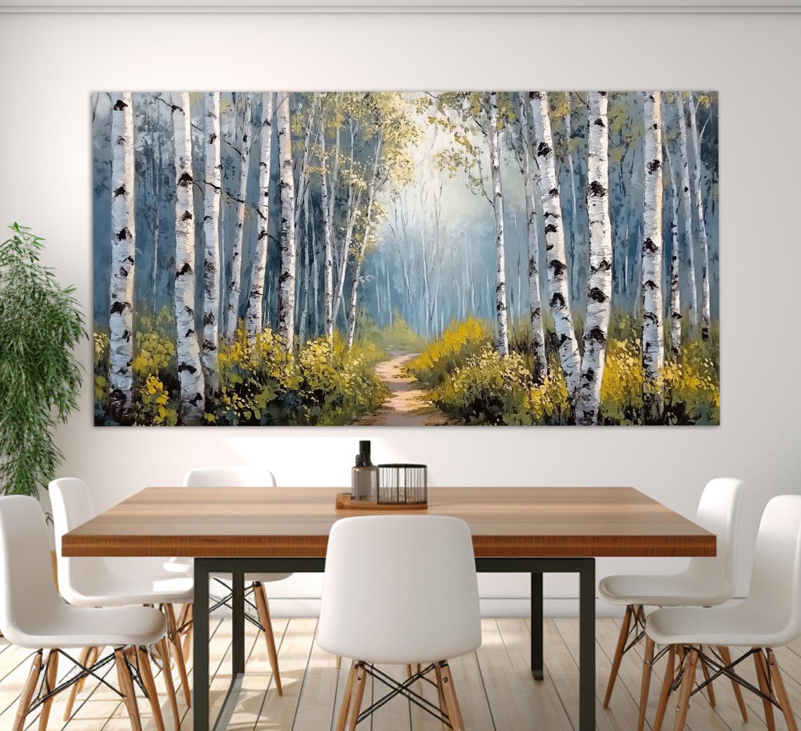 Sunlit Birch Grove Forest Path White Trunks Oil Painting Art Poster