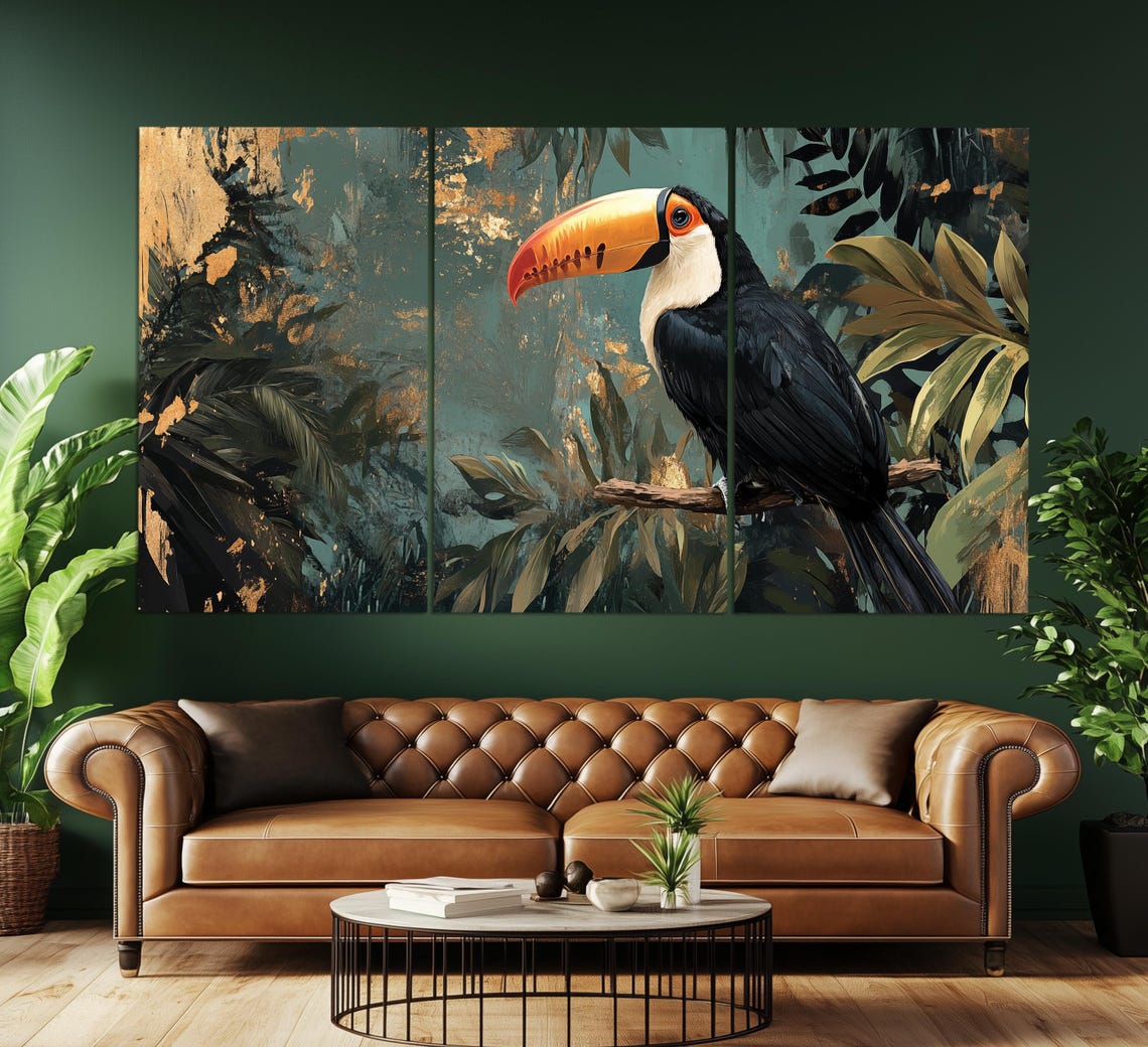 Toco Toucan On Branch In Tropical Jungle With Gold Leaf Accent Poster - Image 3