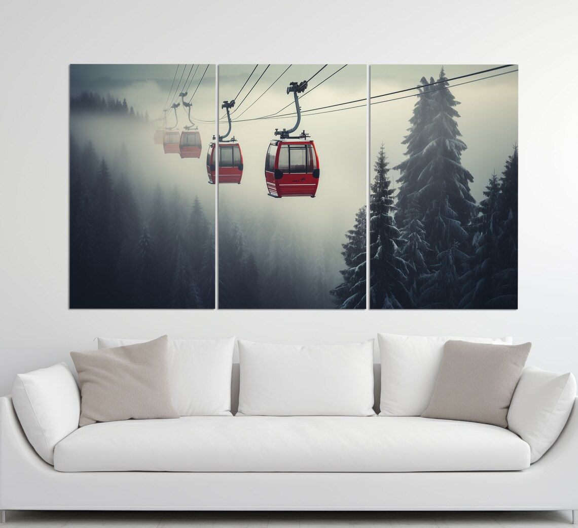 Red Gondolas Cable Cars Foggy Winter Forest Monochrome Grey Poster - Image 3