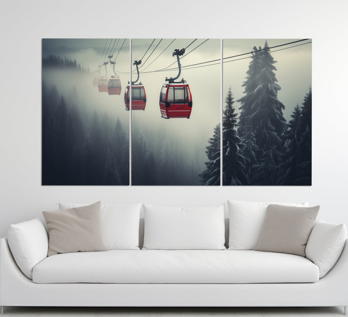 Ski Lift In Foggy Winter Forest Print Ski Wall Art Cable Car Painting Ski Lift Poster Winter Wall Art Winter Sports Art - Image 3