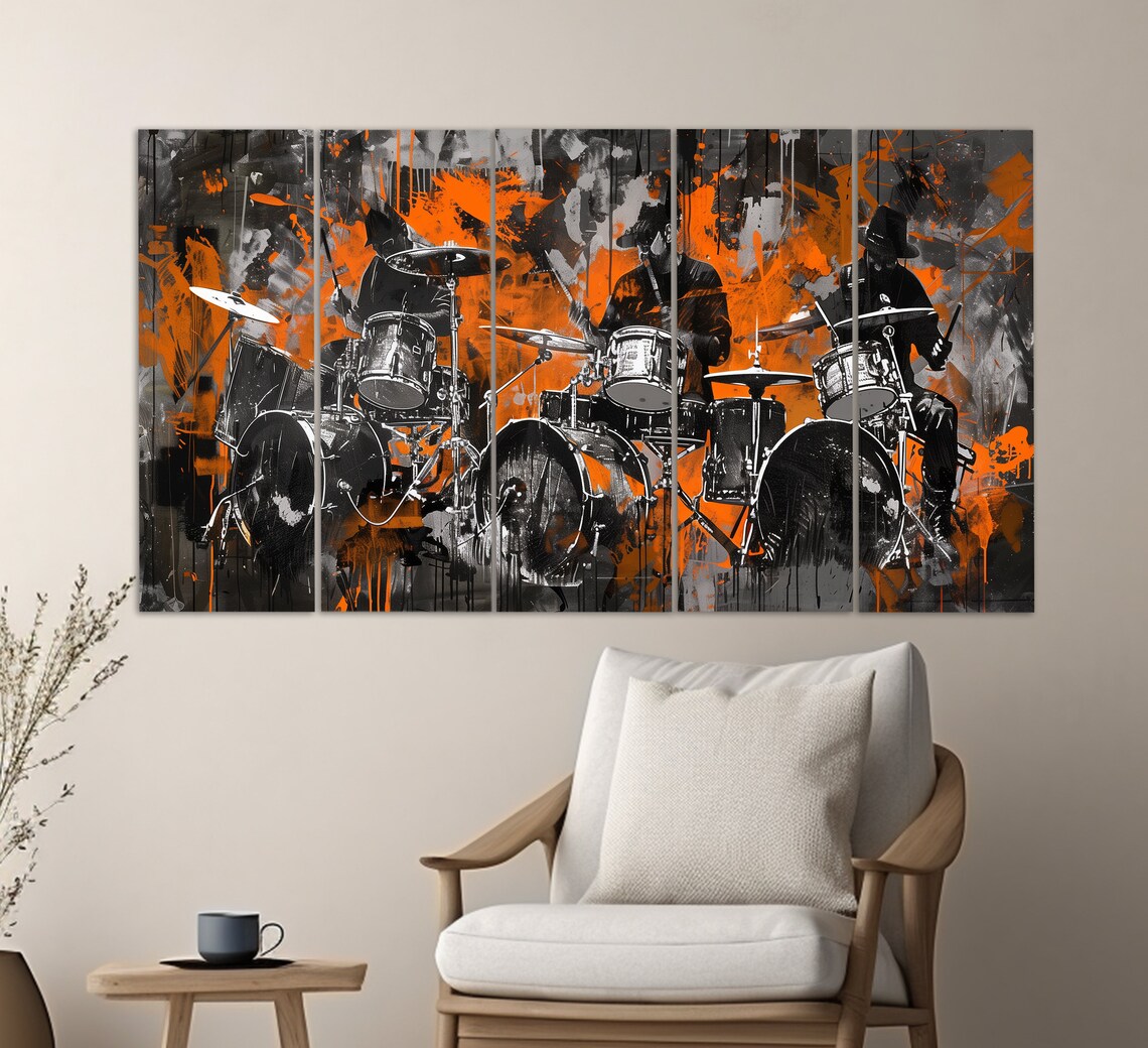 Drummers Silhouette Orange Paint Splash Black White Bold Music Art Poster - Image 2