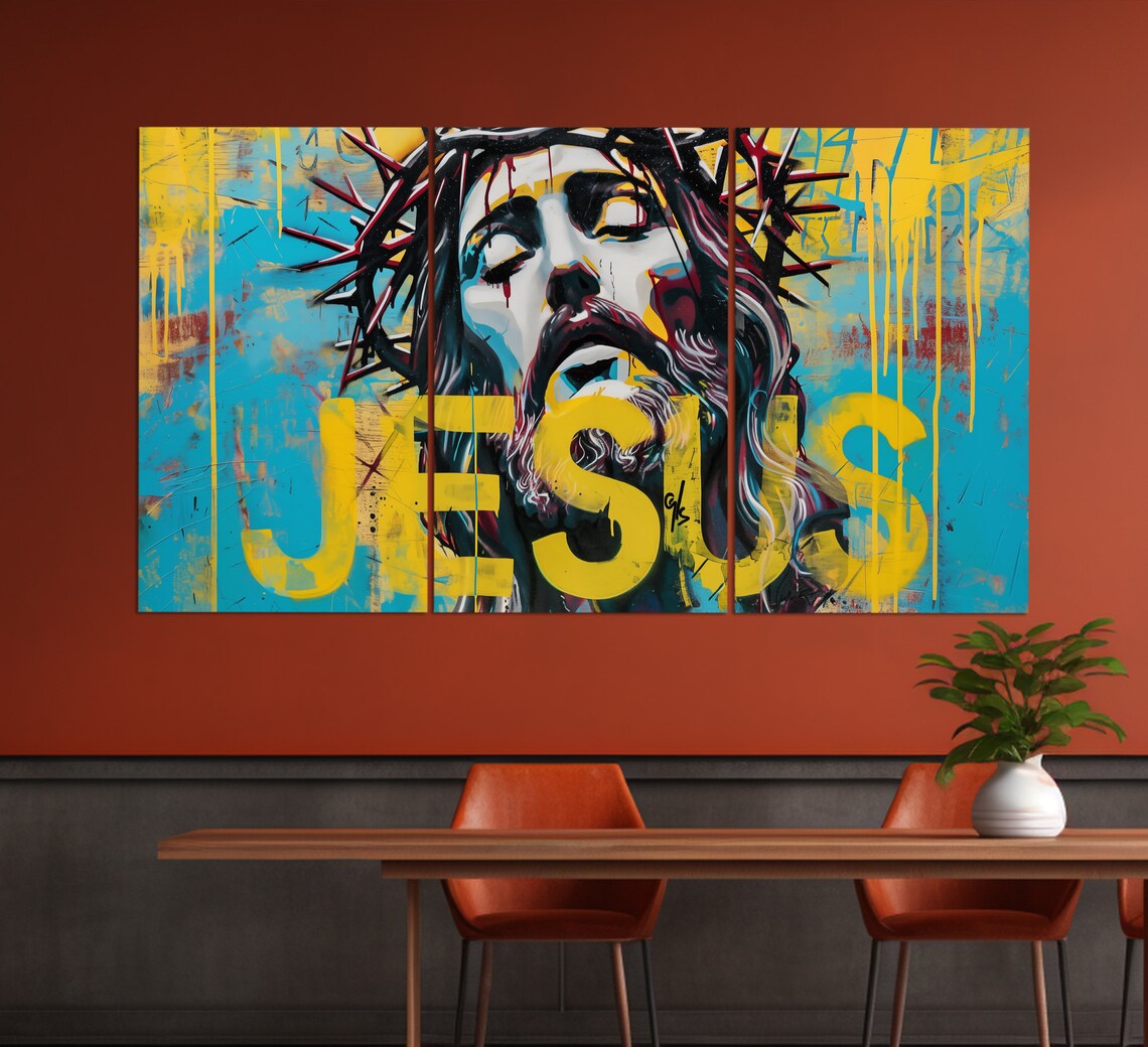 Jesus Christ Crown of Thorns Graffiti Pop Art Blue Yellow Poster - Image 2