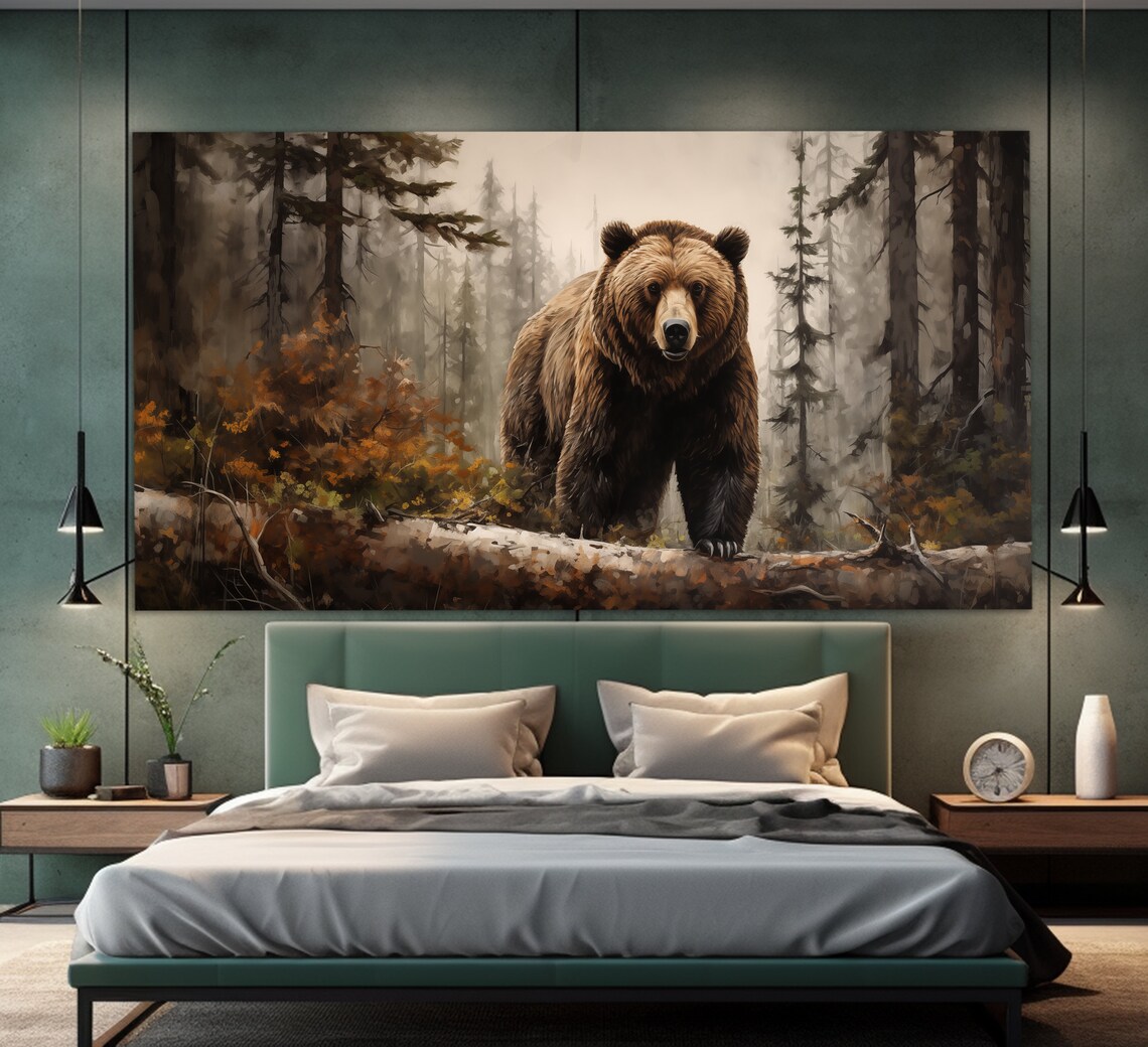 Grizzly Bear in Misty Forest, Wild Animals Art Print