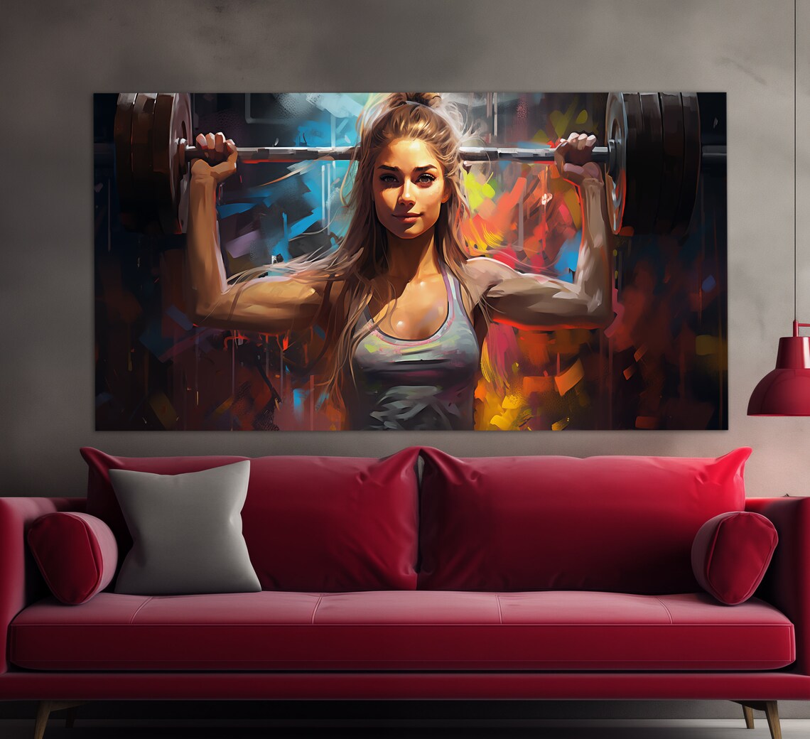 Woman Weightlifting Barbell Overhead Powerful Fitness Oil Painting Style Poster - Image 2