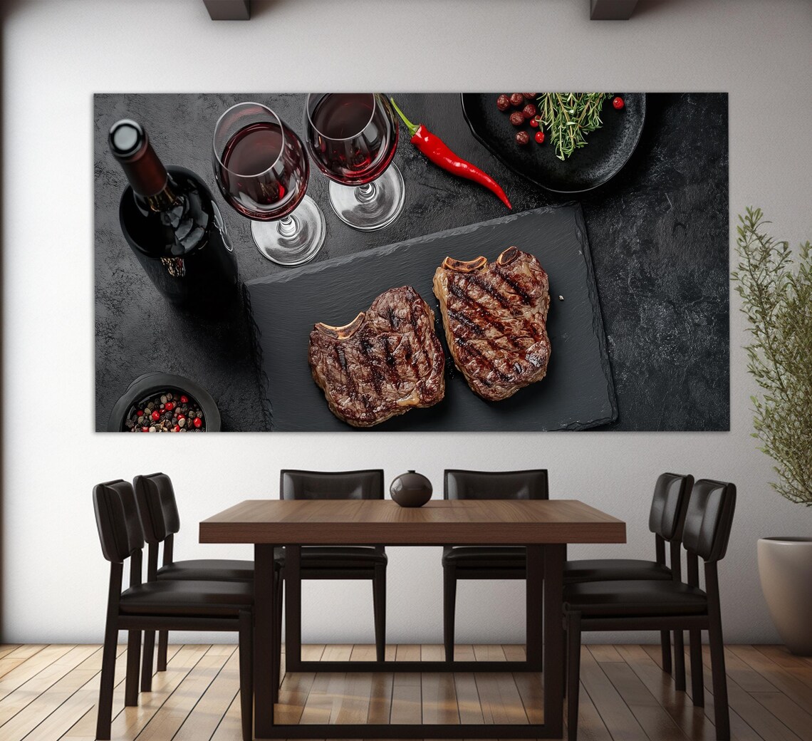 Grilled Ribeye Steaks Red Wine Dark Slate Food Photography Wall Art Poster - Image 4