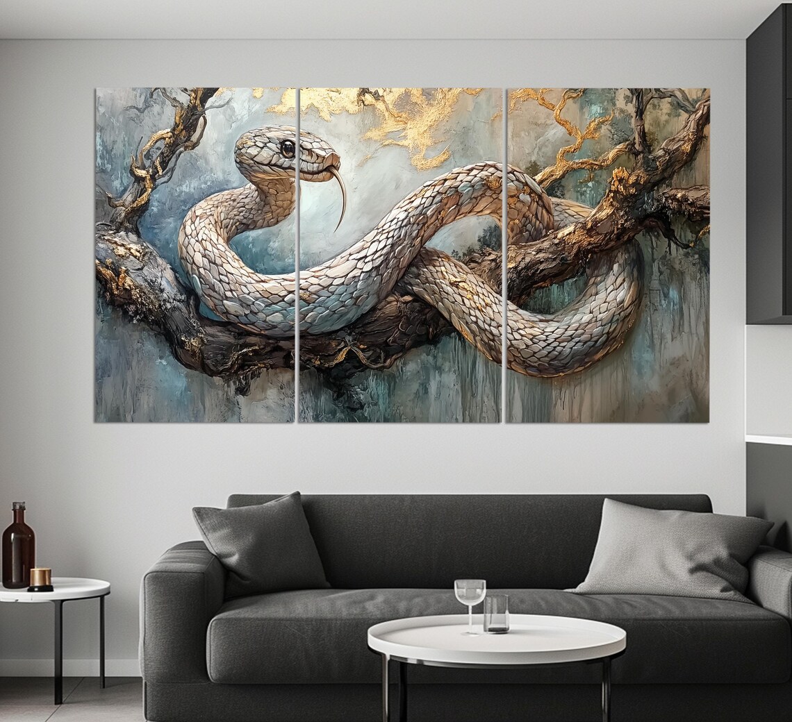 White Snake Coiled On Branch Gold Leaf Year Of Snake Oil Painting Poster - Image 2