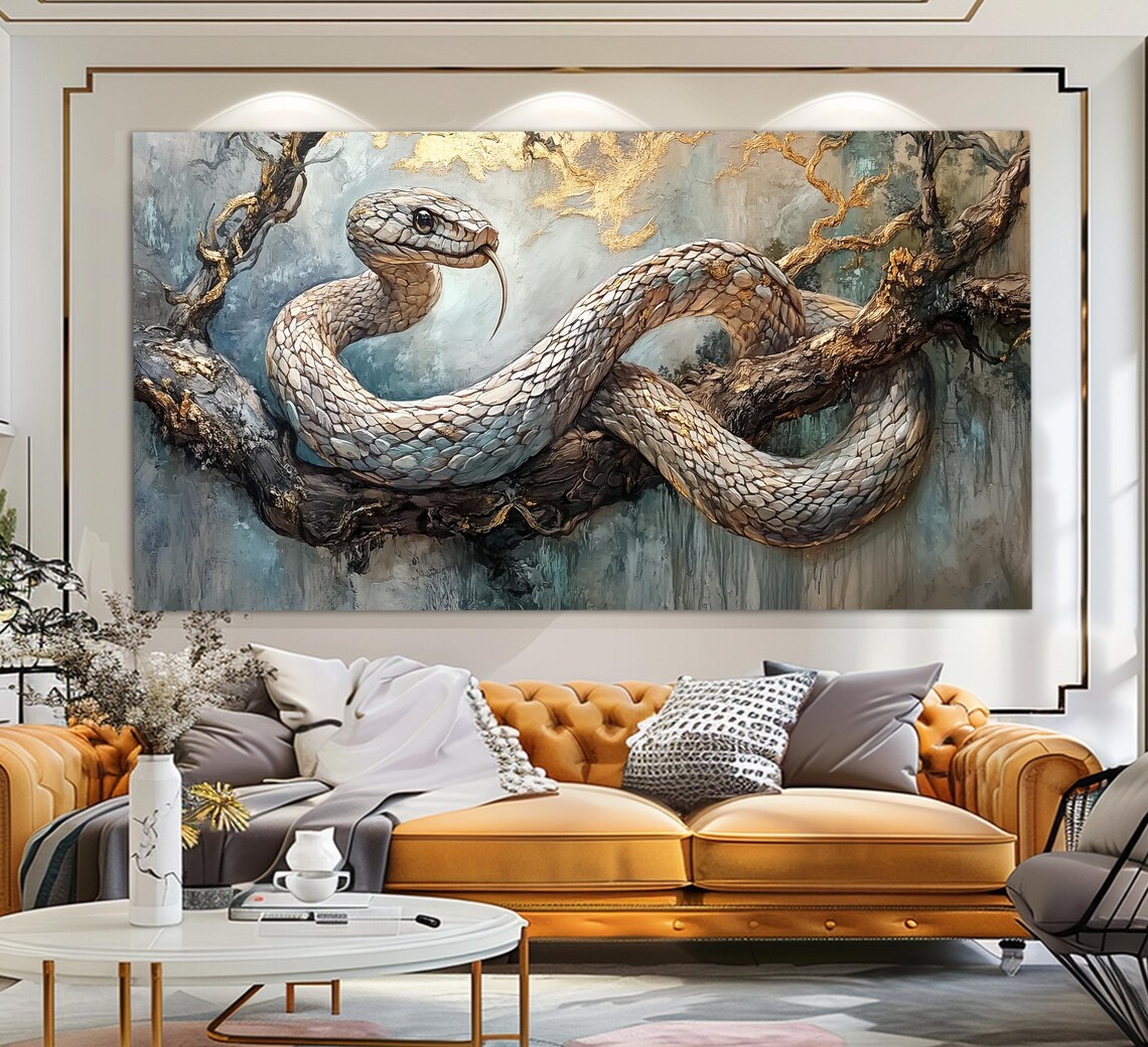 White Snake Coiled On Branch Gold Leaf Year Of Snake Oil Painting Poster - Image 3