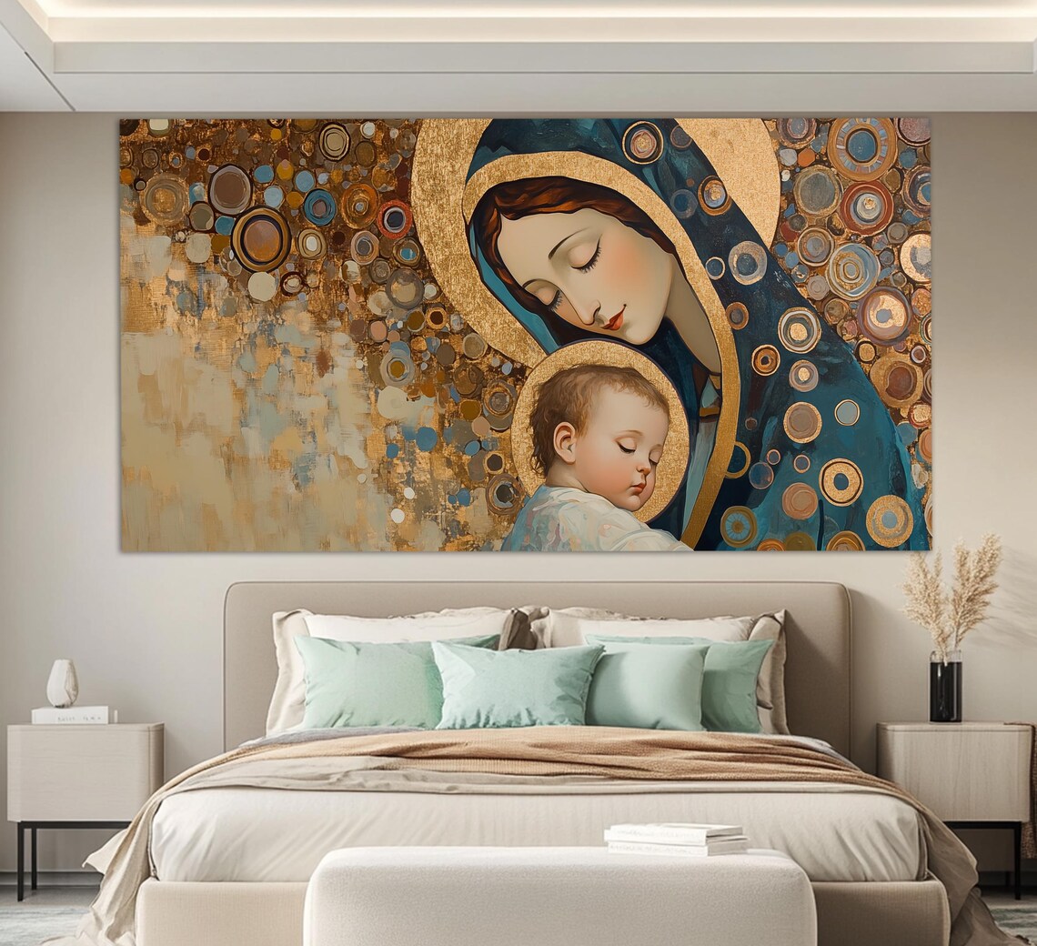 Virgin And Child Klimt Style Gold Madonna Religious Painting Wall Art