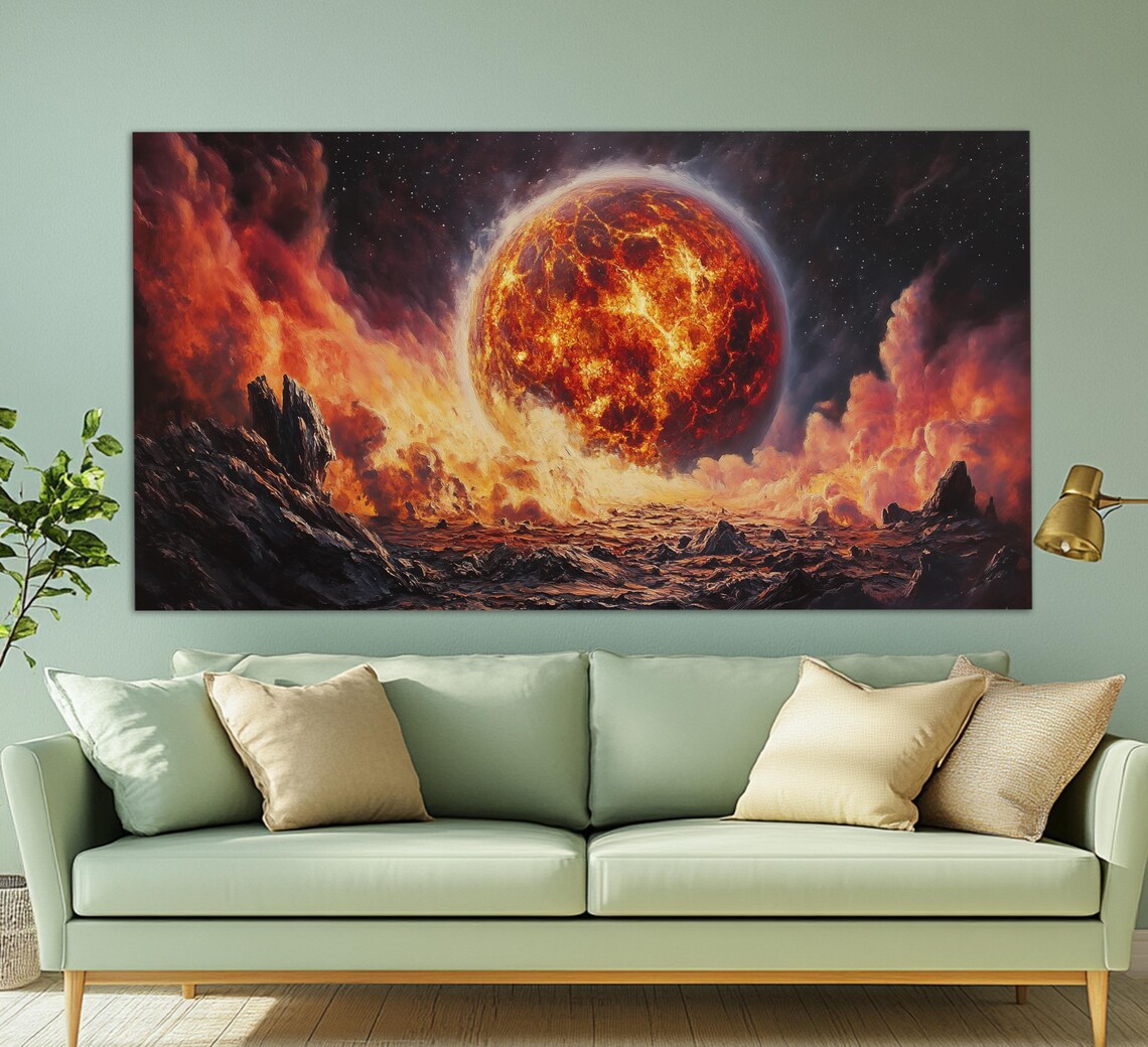 Abstract Fiery Mars Planet Rising Over Alien Rocky Landscape Space Wall Art - Image 4