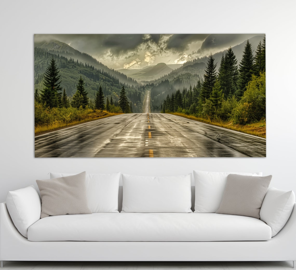 Scenic Mountain Road Wet Asphalt Pine Forest Storm Sky Drive Poster