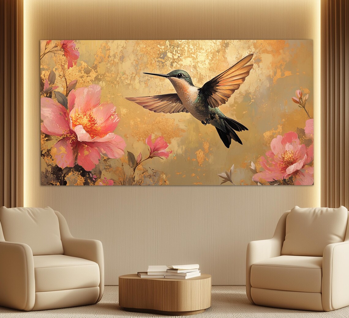 Hummingbird Hovering Garden Flowers Painting Birds Nature Art Poster