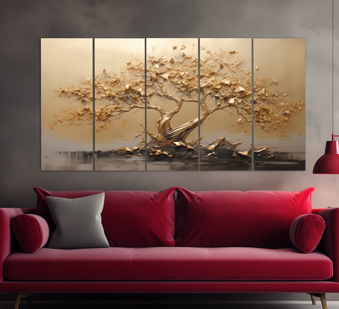 Golden Bonsai Tree Abstract Painting, Office Art Print - Image 4