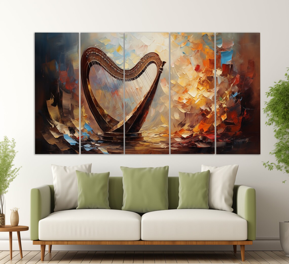 Harpist Girl With Wine Glass Abstract Harp Golden Oil Painting Poster - Image 5