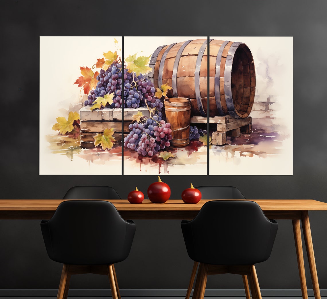 Wine Barrel and Grape Harvest Watercolor Rustic Kitchen Art Poster - Image 3