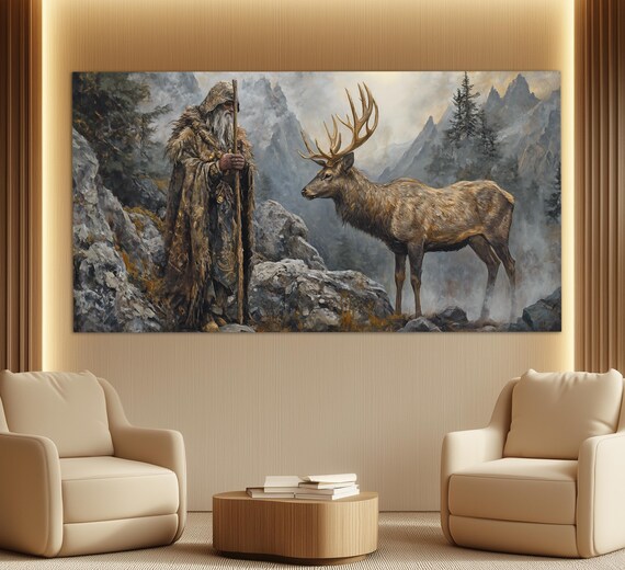 Mountain Shaman And Deer Vintage Oil Painting Mystical Fantasy Poster