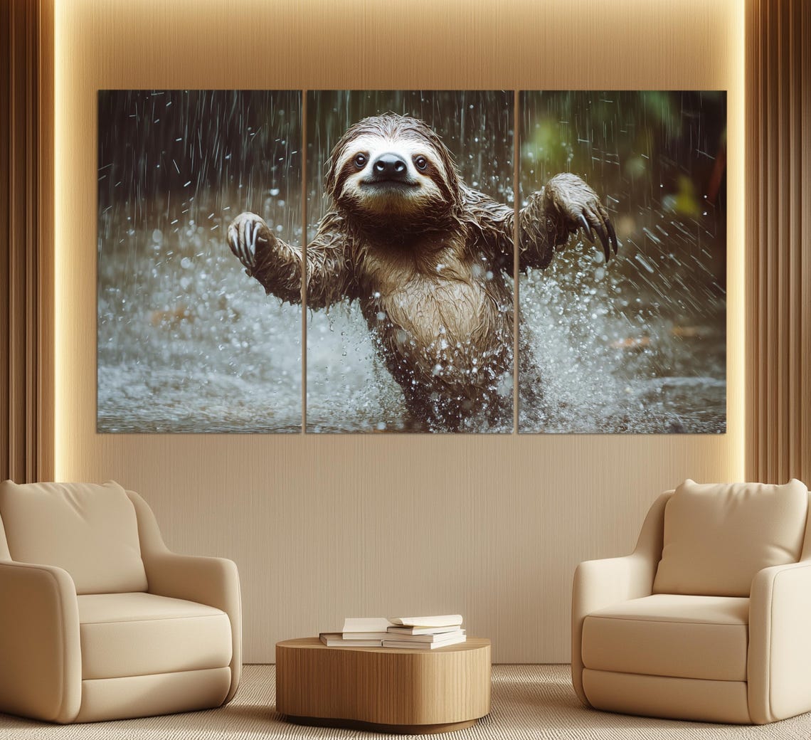 Happy Sloth Splashing in Rainforest Rain Cute Animal Art Poster - Image 3