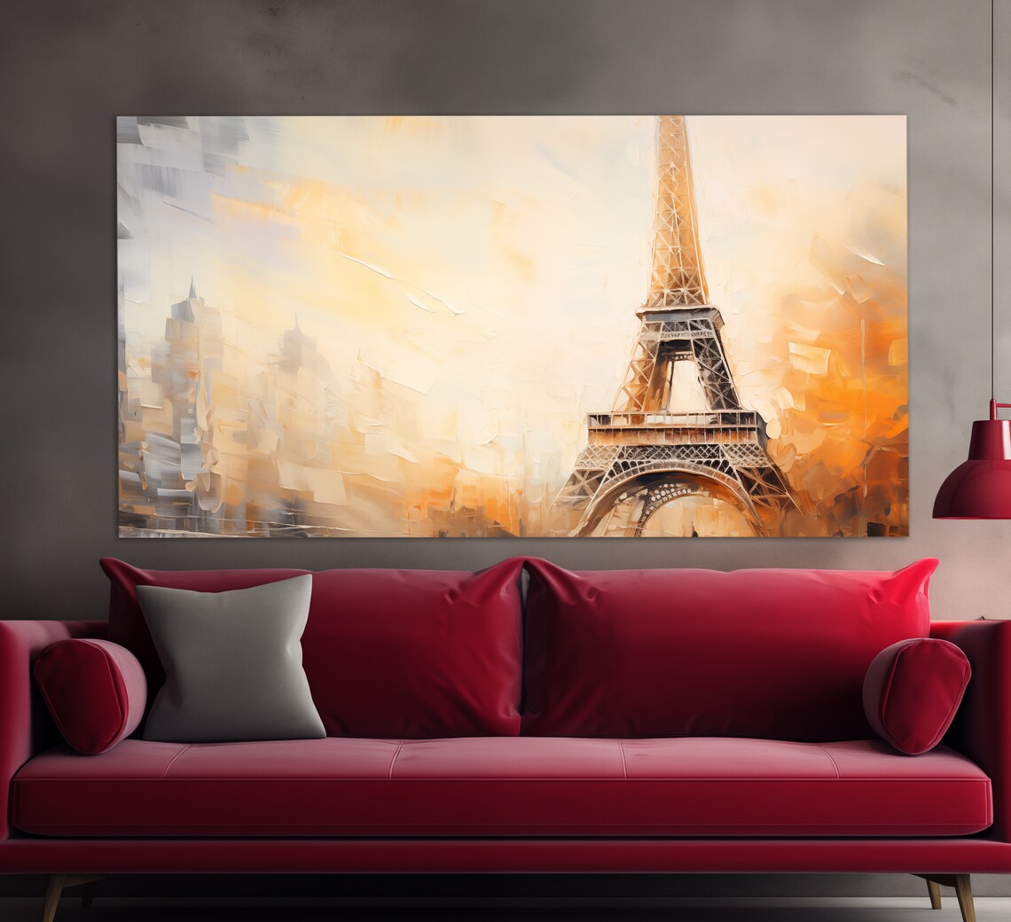 Eiffel Tower Abstract Oil Painting Warm Orange Gold Brushstrokes Print - Image 4