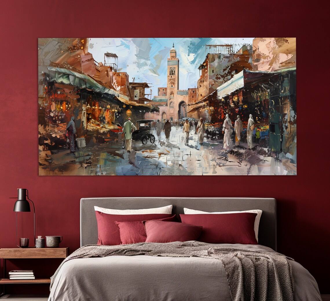 Marrakech Medina Old Town Koutoubia Minaret Oil Painting Travel Poster