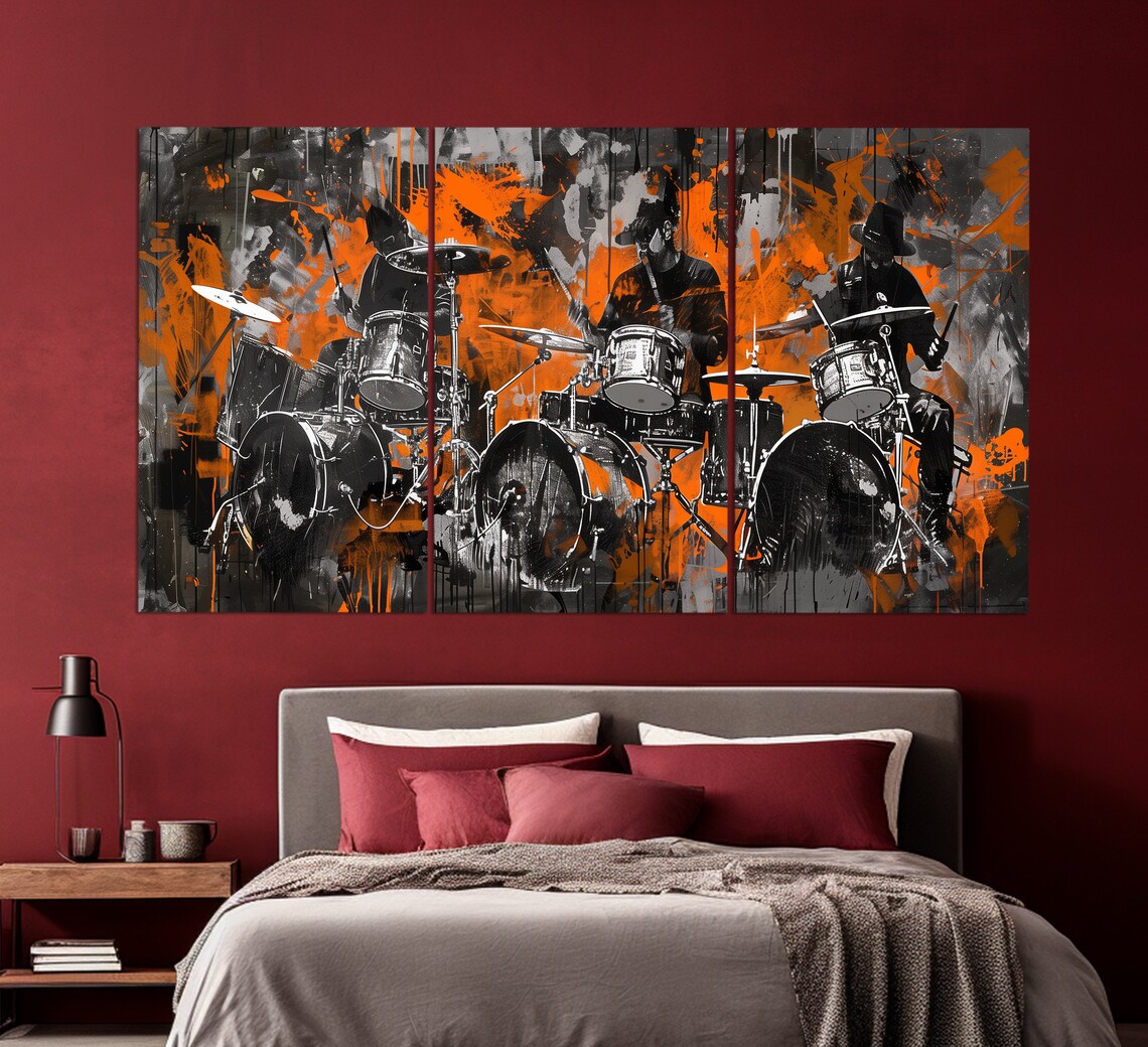Drummers Silhouette Orange Paint Splash Black White Bold Music Art Poster - Image 3