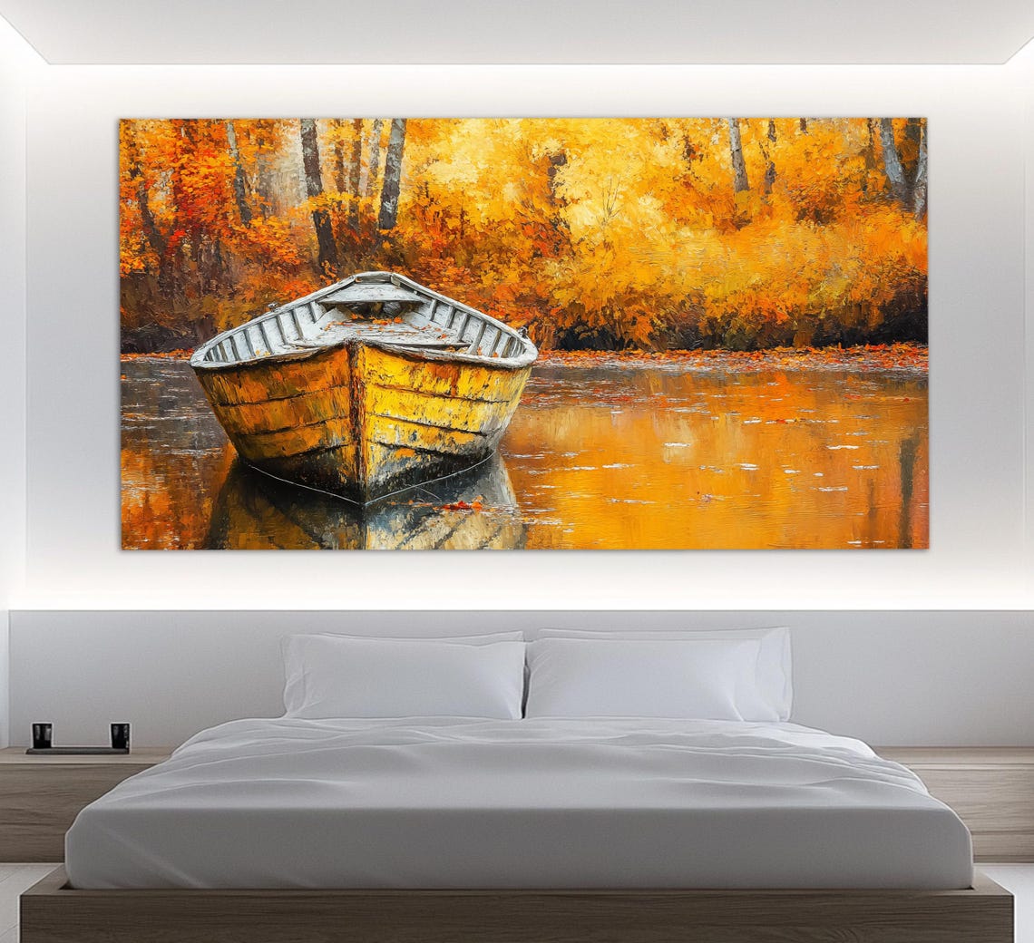 Old Fishing Boat In Autumn Lake Print In A Vintage Oil Painting Style Abstract Wooden Boat Wall Art Retro Nautical Poster - Image 4