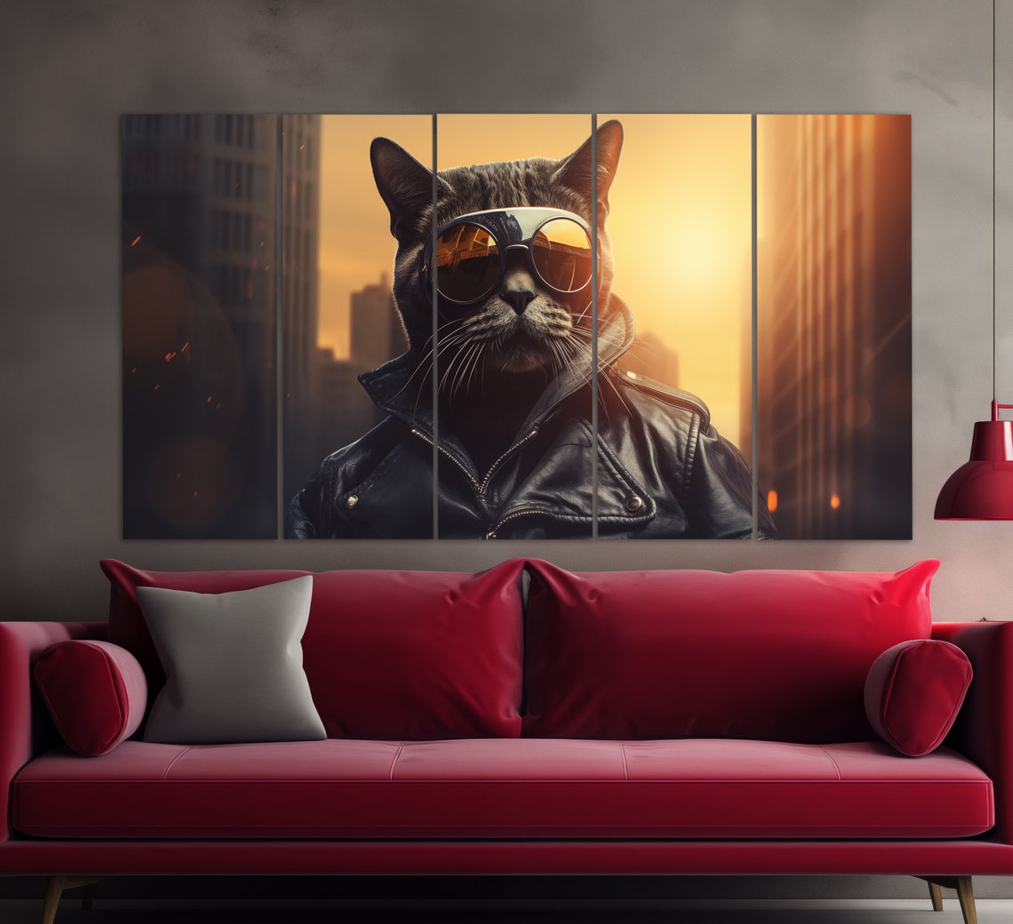 Cool Cat Biker Leather Jacket Aviator Goggles City Sunset Art Print - Image 2