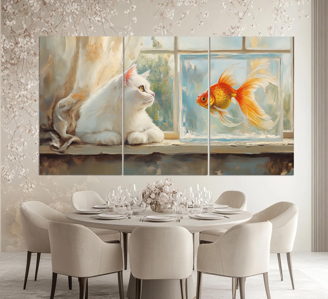 White Cat Watching Goldfish Aquarium Window Soft Oil Painting Style Poster - Image 6