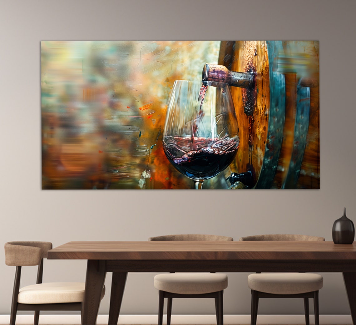 Red Wine Pouring From Oak Barrel Into Glass Rustic Kitchen Art Poster