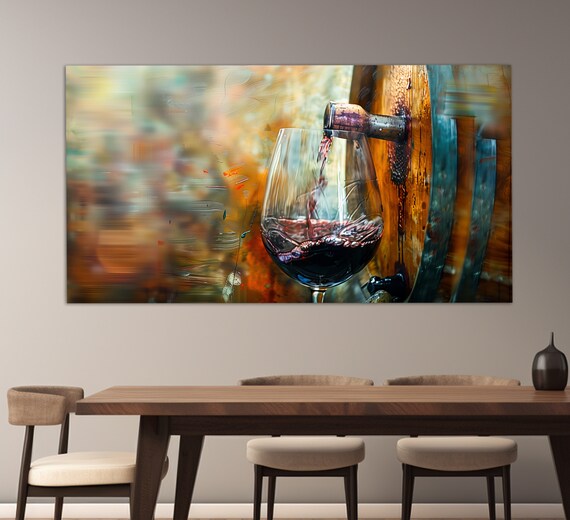 Red Wine Pouring From Oak Barrel Into Glass Rustic Kitchen Art Poster