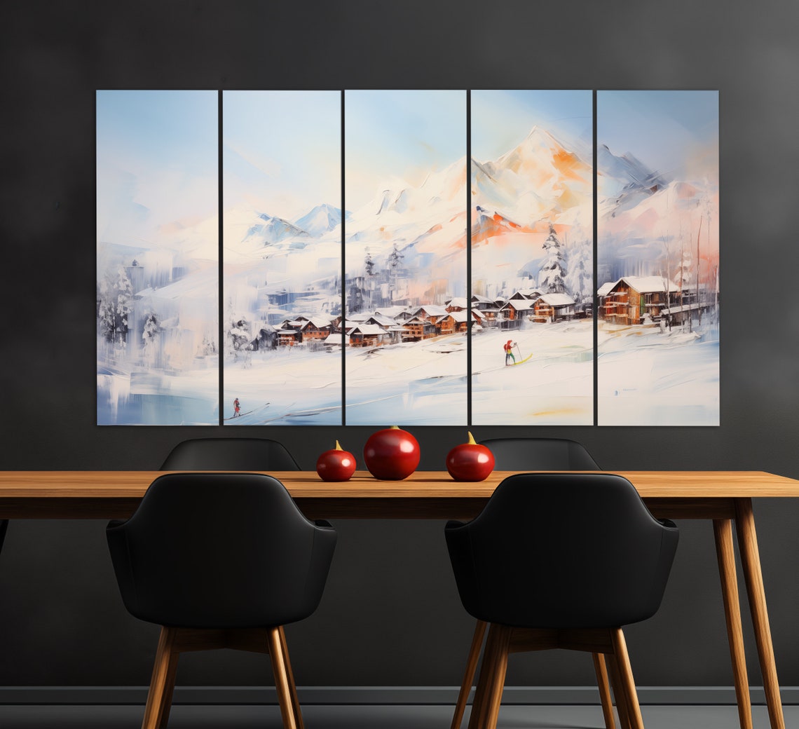 Alpine Ski Resort Village Snowy Peaks Sunrise Soft Watercolor Poster - Image 3